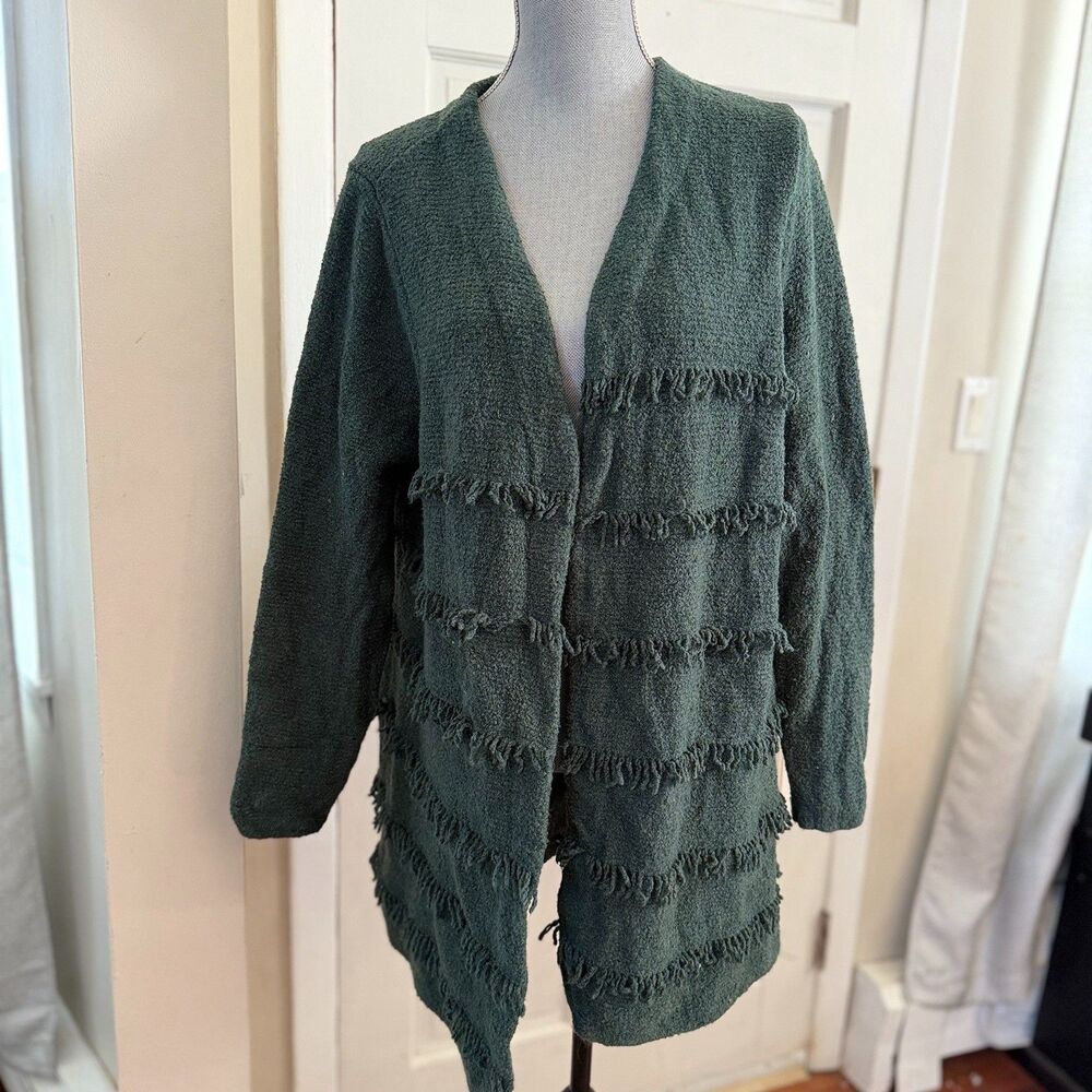 J.Jill Fringe Cardigan Sweater Medium Green Boho Textured